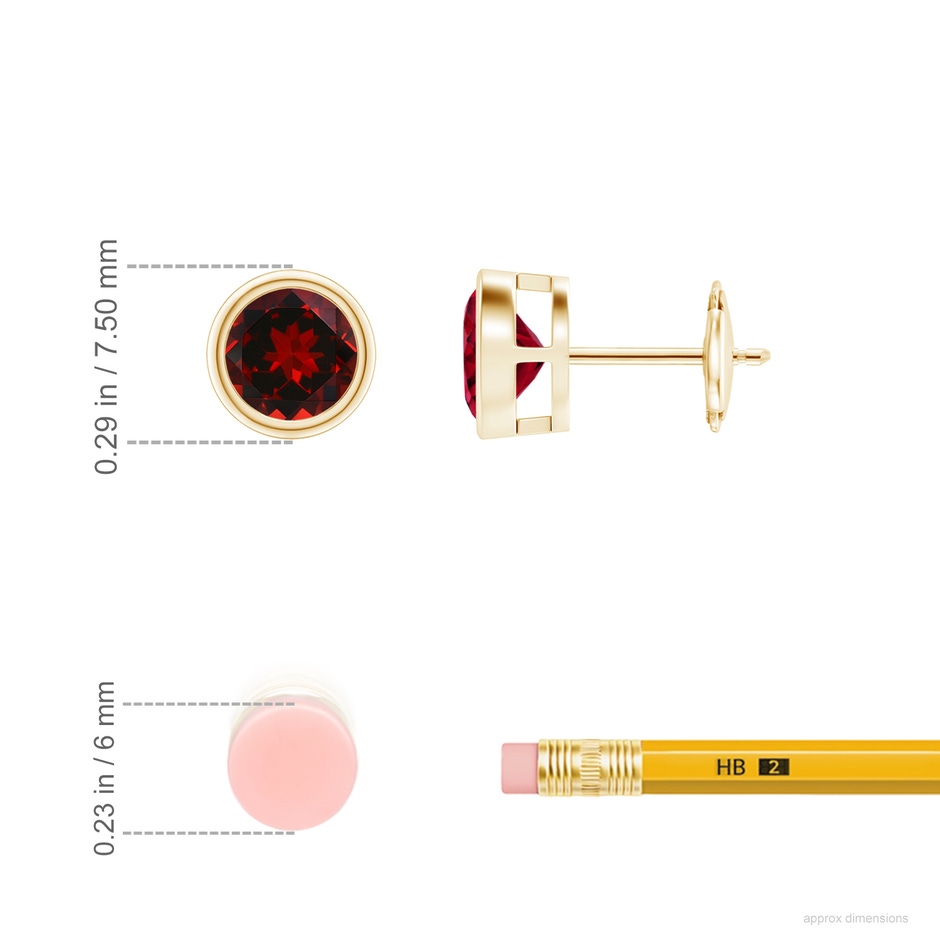 6mm AAAA Bezel-Set Garnet Solitaire Stud Earrings in Yellow Gold ruler