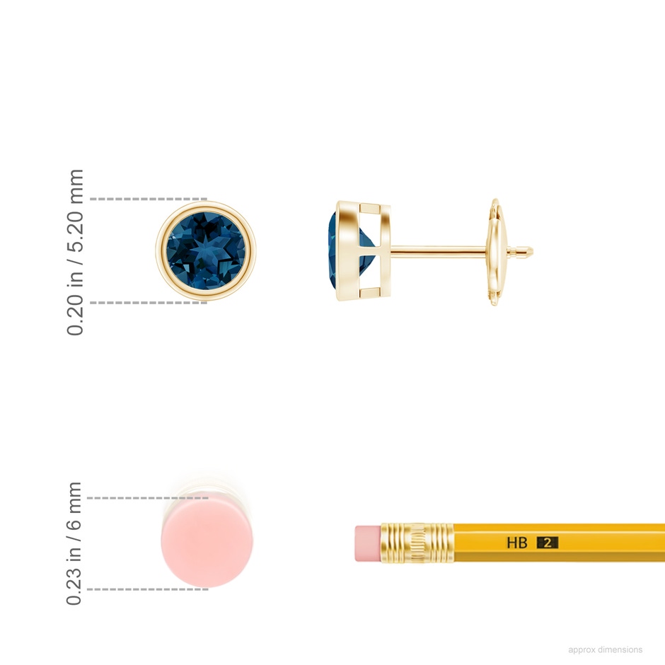 4mm AAA Bezel-Set London Blue Topaz Solitaire Stud Earrings in Yellow Gold ruler