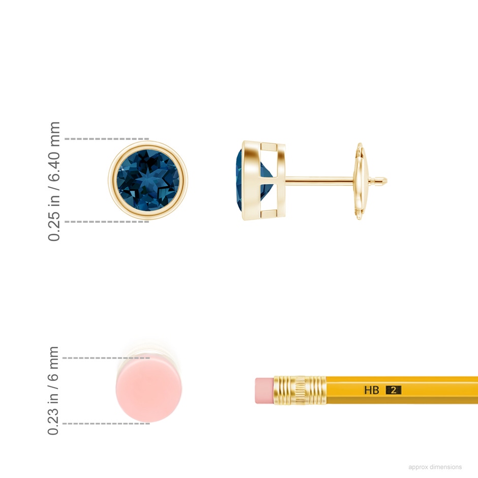 5mm AAA Bezel-Set London Blue Topaz Solitaire Stud Earrings in Yellow Gold ruler