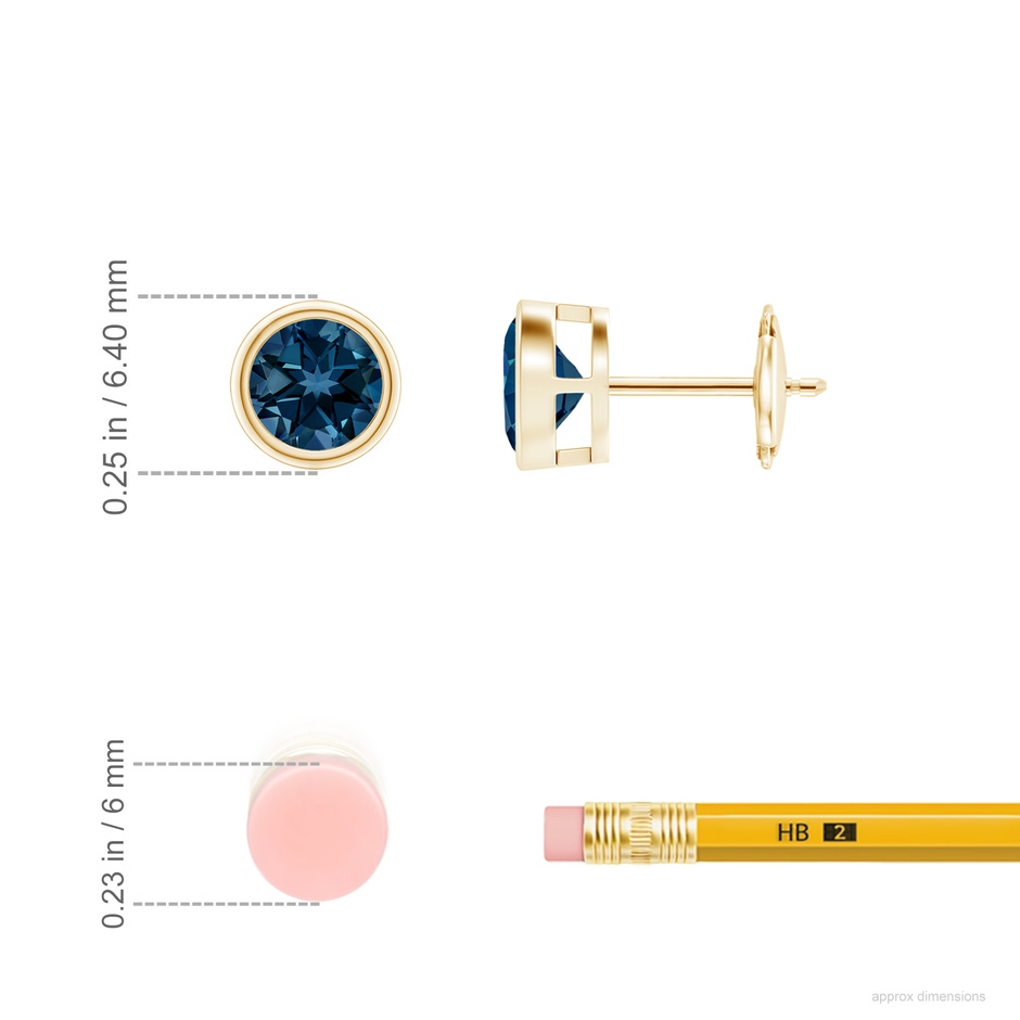 5mm AAAA Bezel-Set London Blue Topaz Solitaire Stud Earrings in 10K Yellow Gold ruler