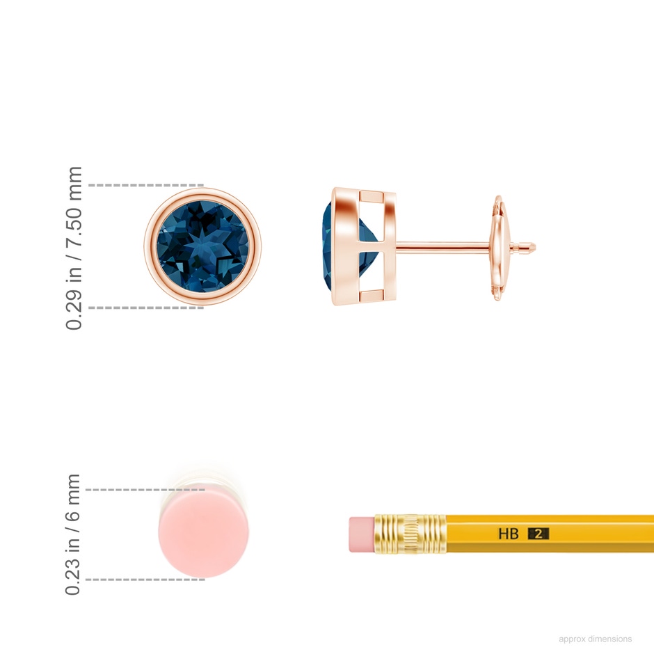 6mm AAA Bezel-Set London Blue Topaz Solitaire Stud Earrings in 18K Rose Gold ruler