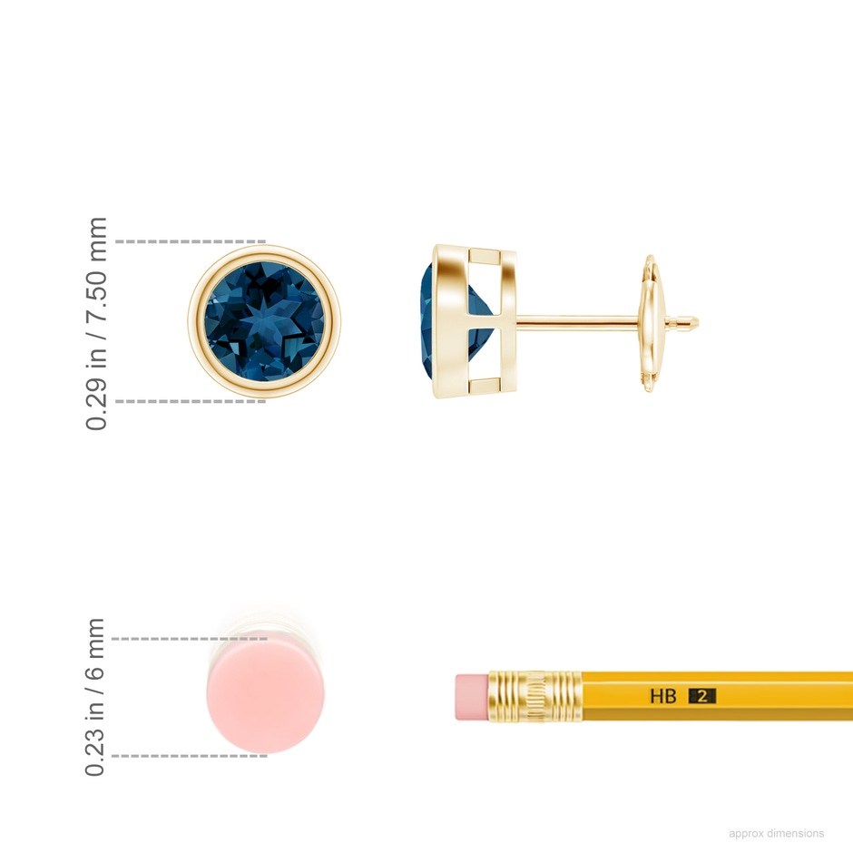 6mm AAA Bezel-Set London Blue Topaz Solitaire Stud Earrings in 18K Yellow Gold ruler