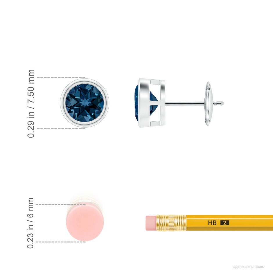 6mm AAAA Bezel-Set London Blue Topaz Solitaire Stud Earrings in 18K White Gold ruler