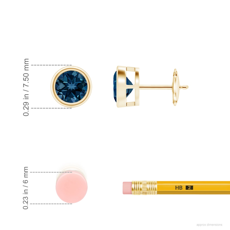 6mm AAAA Bezel-Set London Blue Topaz Solitaire Stud Earrings in 18K Yellow Gold ruler