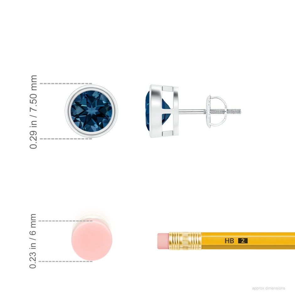 6mm AAAA Bezel-Set London Blue Topaz Solitaire Stud Earrings in P950 Platinum ruler