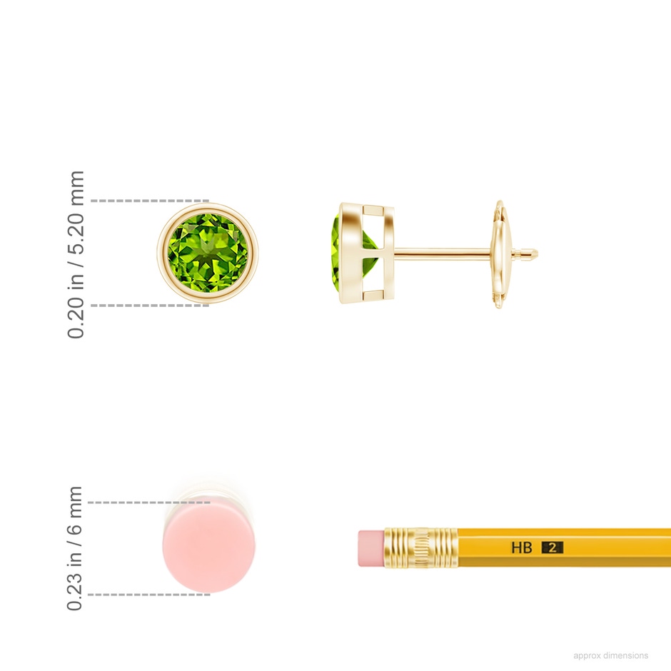 4mm AAAA Bezel-Set Peridot Solitaire Stud Earrings in Yellow Gold ruler