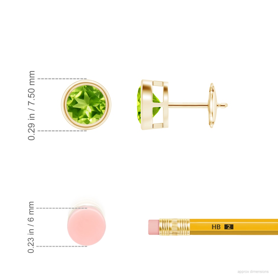 6mm AAA Bezel-Set Peridot Solitaire Stud Earrings in 18K Yellow Gold ruler
