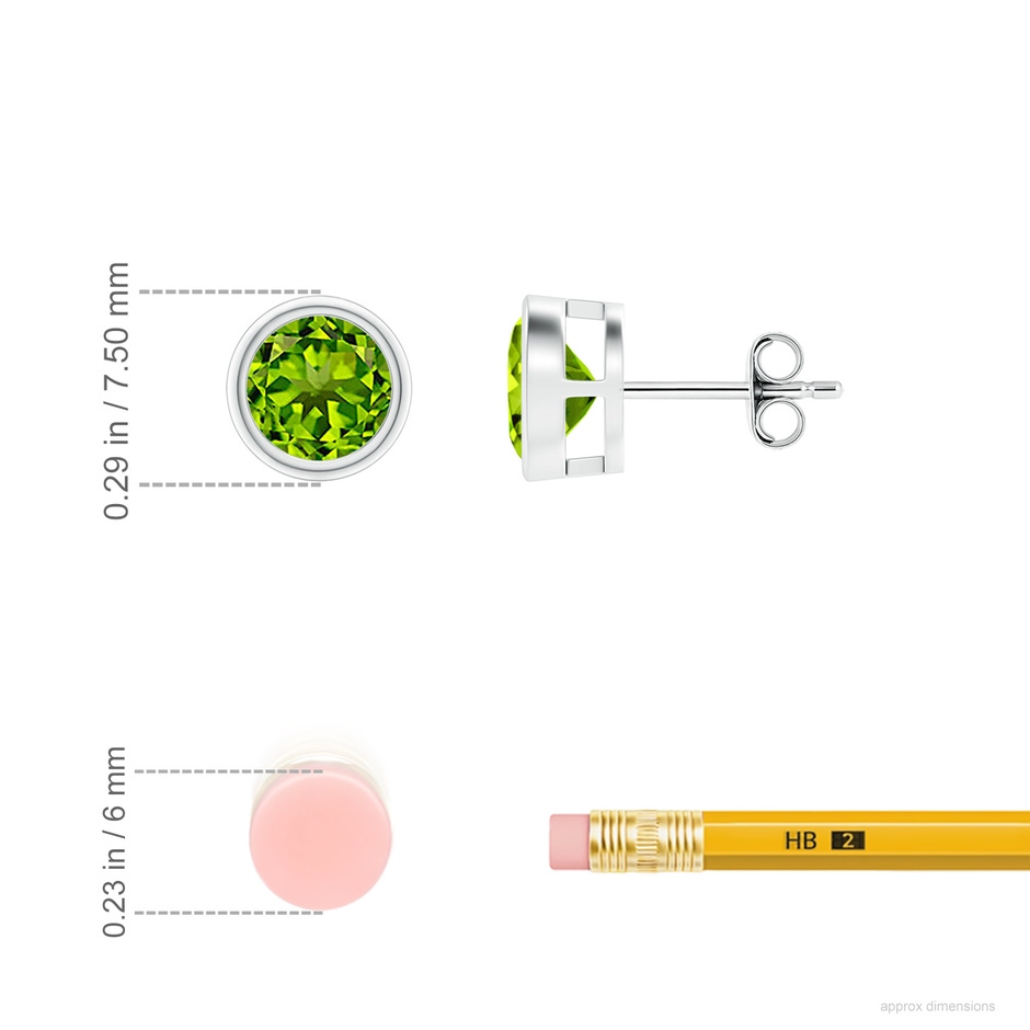 6mm AAAA Bezel-Set Peridot Solitaire Stud Earrings in S999 Silver ruler