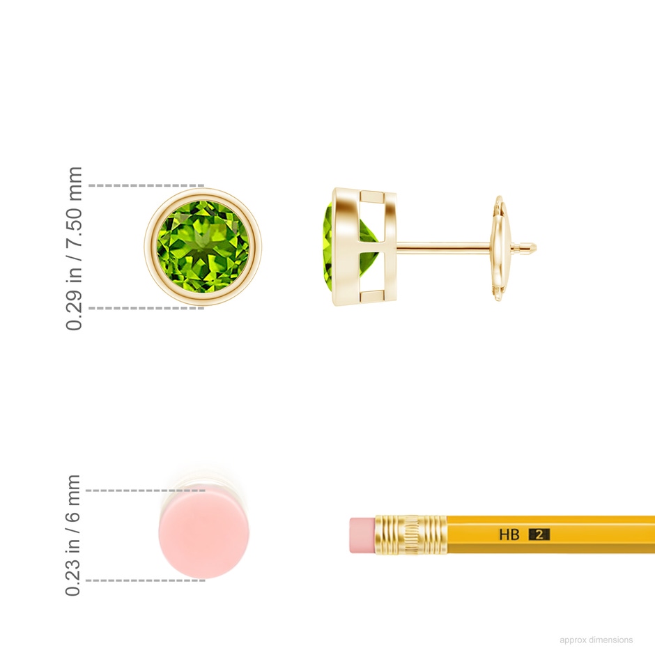 6mm AAAA Bezel-Set Peridot Solitaire Stud Earrings in Yellow Gold ruler