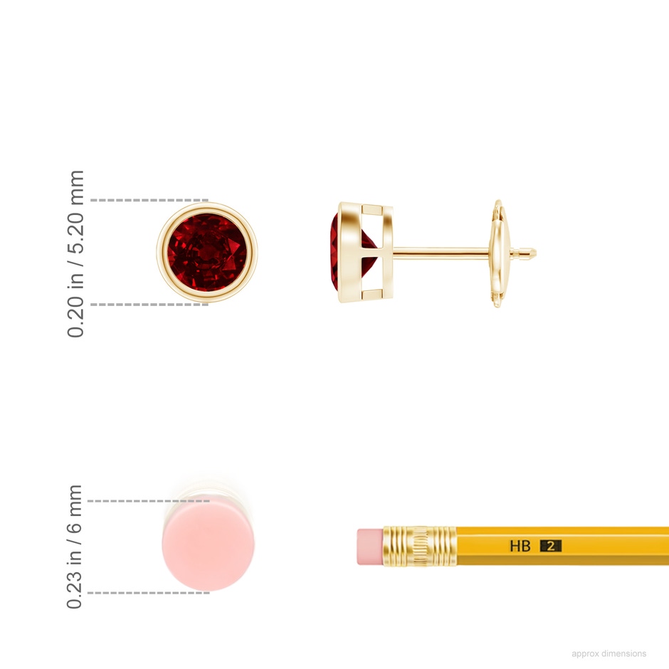 4mm AAAA Bezel-Set Ruby Solitaire Stud Earrings in Yellow Gold ruler