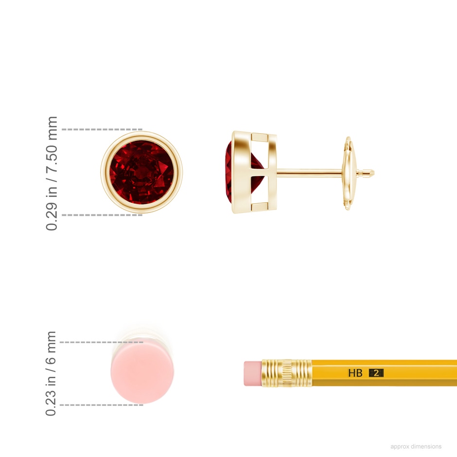 6mm AAAA Bezel-Set Ruby Solitaire Stud Earrings in Yellow Gold ruler