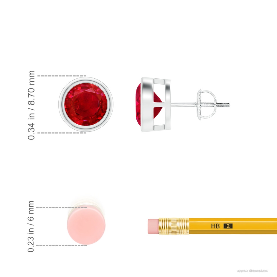 7mm AAA Bezel-Set Ruby Solitaire Stud Earrings in P950 Platinum ruler