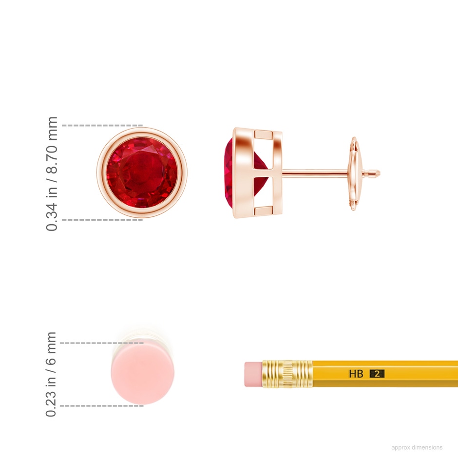 7mm AAA Bezel-Set Ruby Solitaire Stud Earrings in Rose Gold ruler
