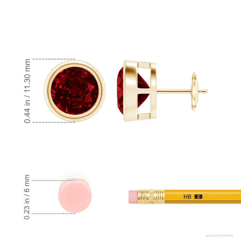 9mm AAAA Bezel-Set Ruby Solitaire Stud Earrings in Yellow Gold ruler