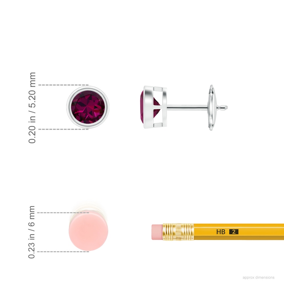 4mm AAAA Bezel-Set Rhodolite Solitaire Stud Earrings in 10K White Gold ruler