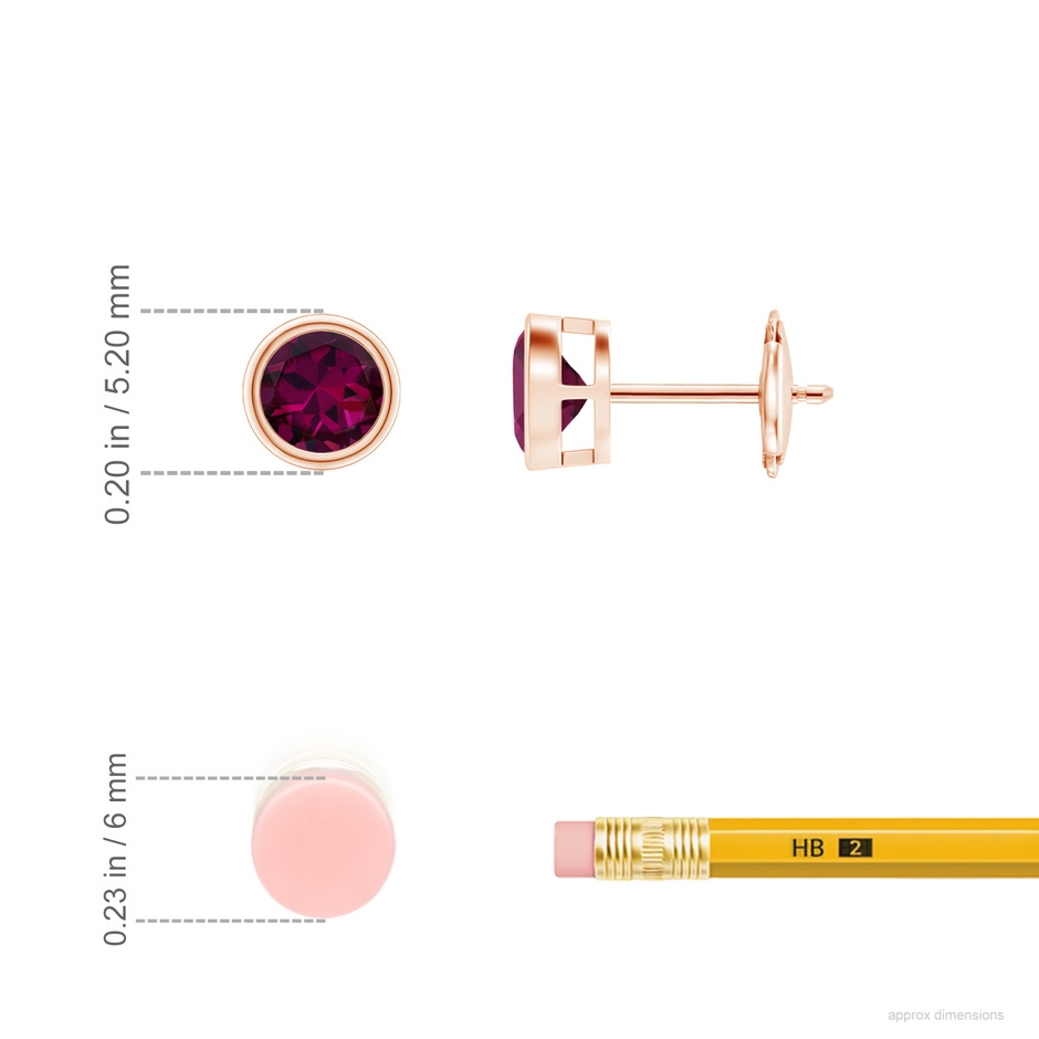 4mm AAAA Bezel-Set Rhodolite Solitaire Stud Earrings in Rose Gold ruler