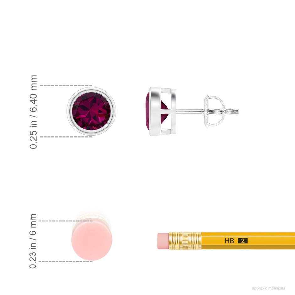 5mm AAAA Bezel-Set Rhodolite Solitaire Stud Earrings in P950 Platinum ruler