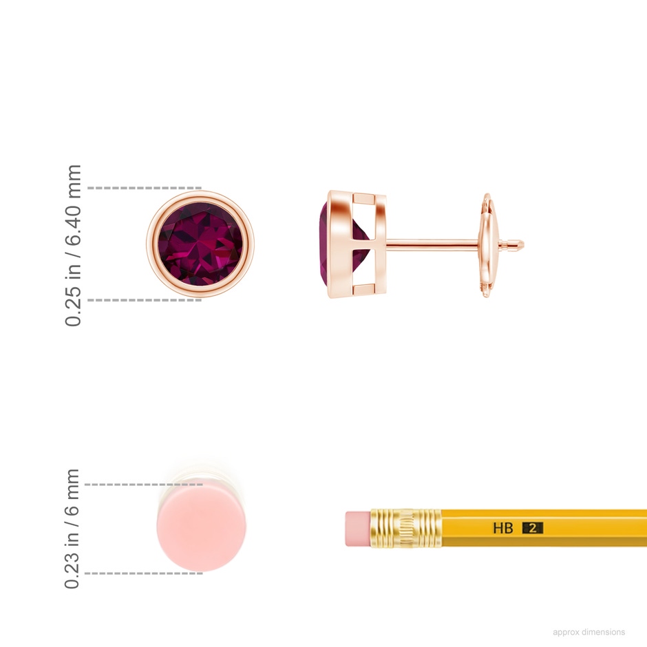 5mm AAAA Bezel-Set Rhodolite Solitaire Stud Earrings in Rose Gold ruler