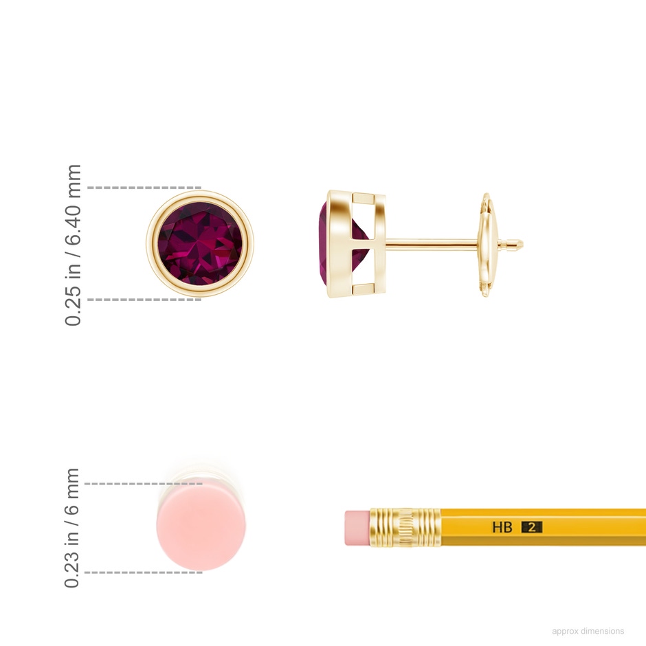 5mm AAAA Bezel-Set Rhodolite Solitaire Stud Earrings in Yellow Gold ruler