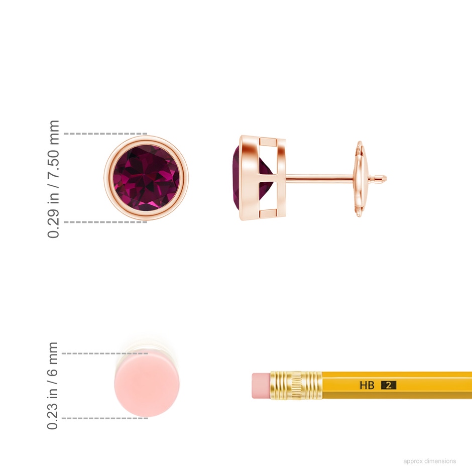 6mm AAA Bezel-Set Rhodolite Solitaire Stud Earrings in 18K Rose Gold ruler