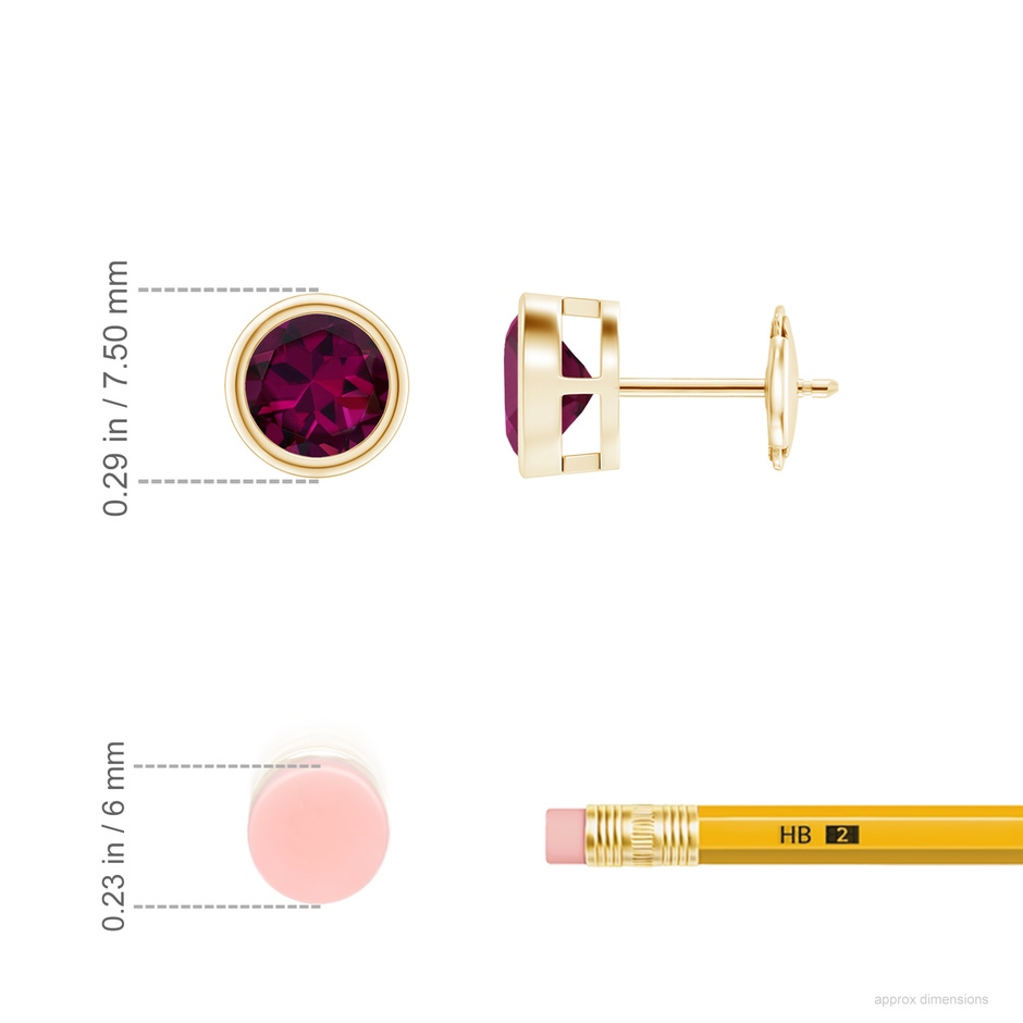 6mm AAAA Bezel-Set Rhodolite Solitaire Stud Earrings in Yellow Gold ruler