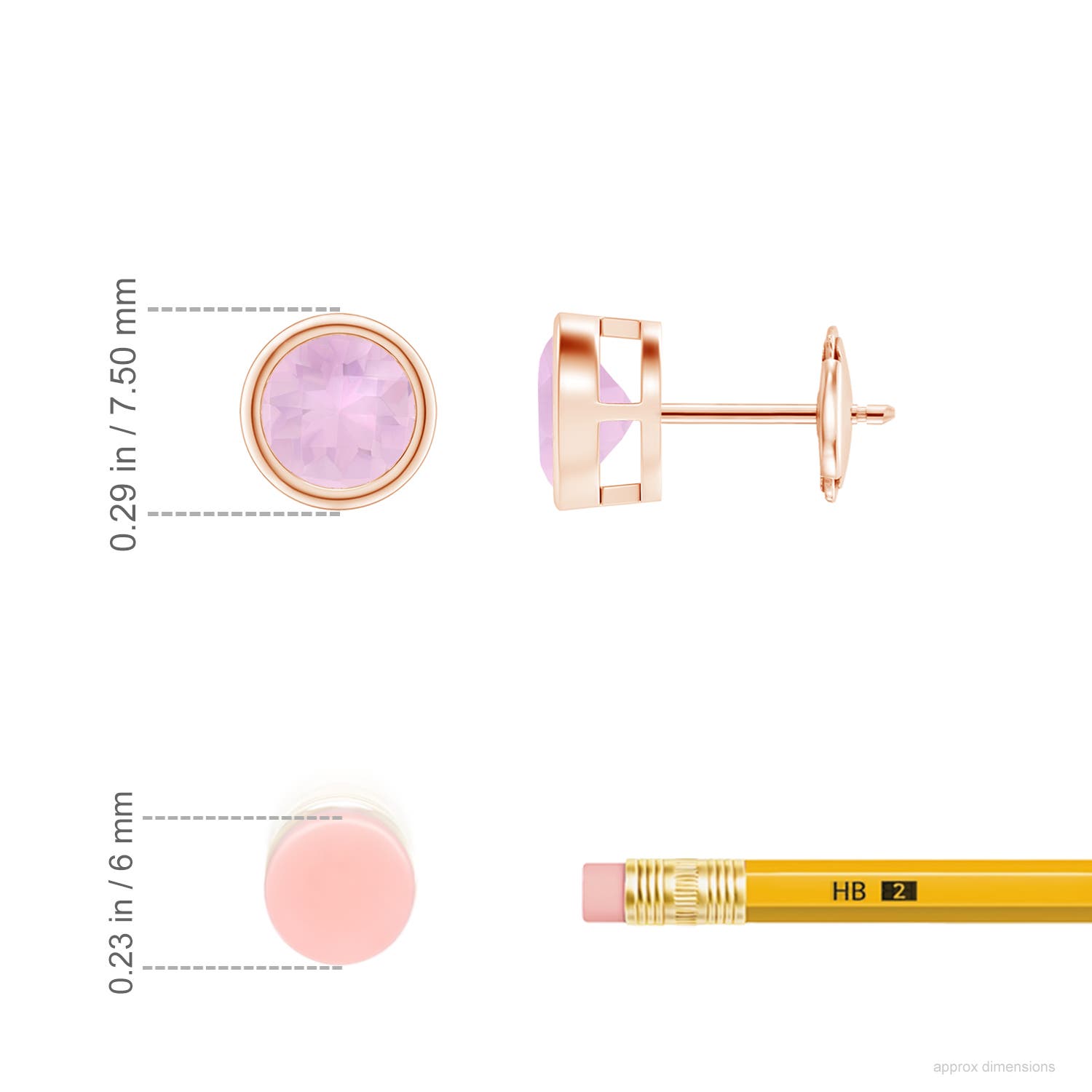 6mm AAAA Bezel-Set Rose Quartz Solitaire Stud Earrings in Rose Gold - ruler
