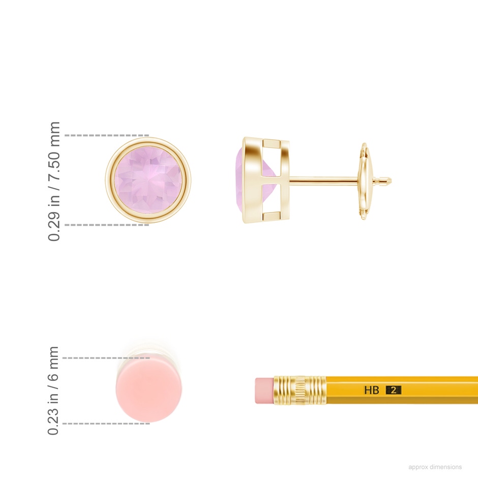 6mm AAAA Bezel-Set Rose Quartz Solitaire Stud Earrings in Yellow Gold ruler