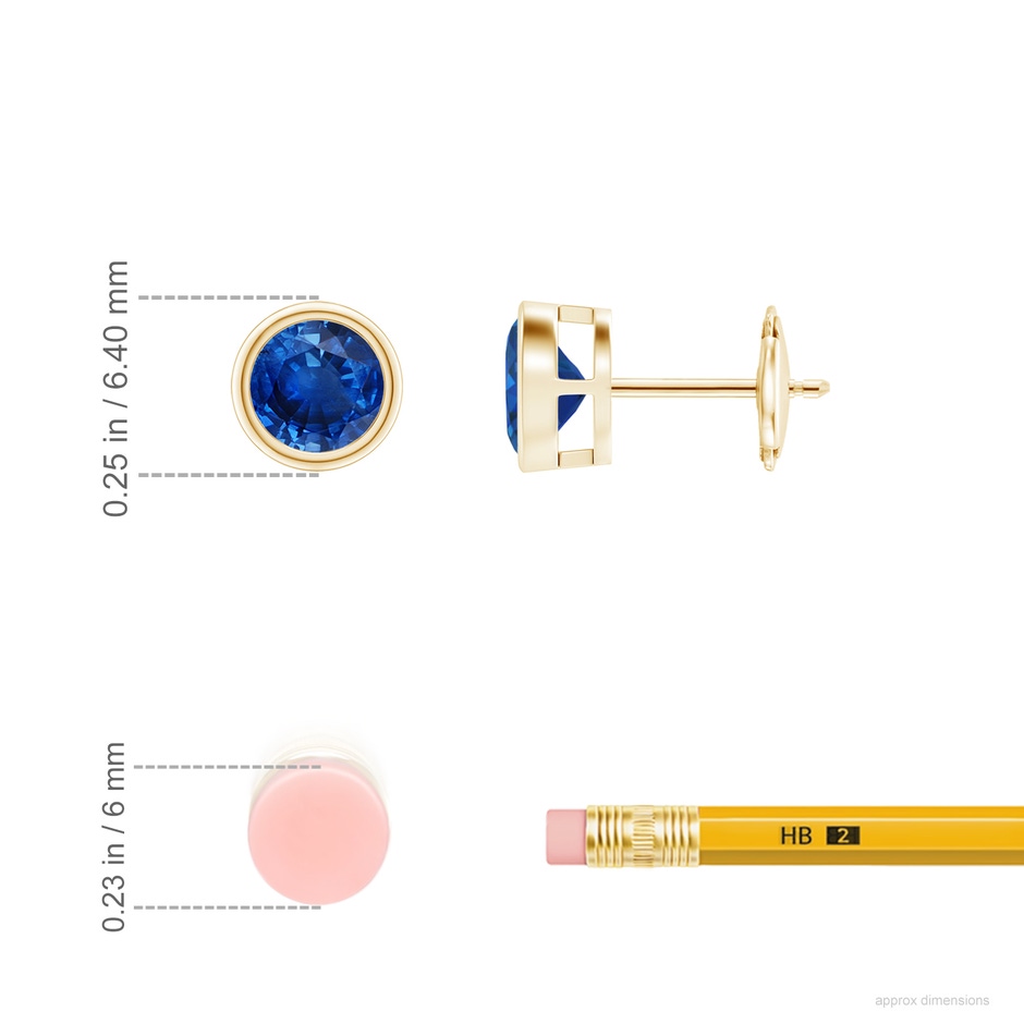 5mm AAA Bezel-Set Blue Sapphire Solitaire Stud Earrings in Yellow Gold ruler