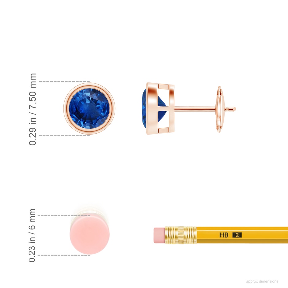 6mm AAA Bezel-Set Blue Sapphire Solitaire Stud Earrings in Rose Gold ruler