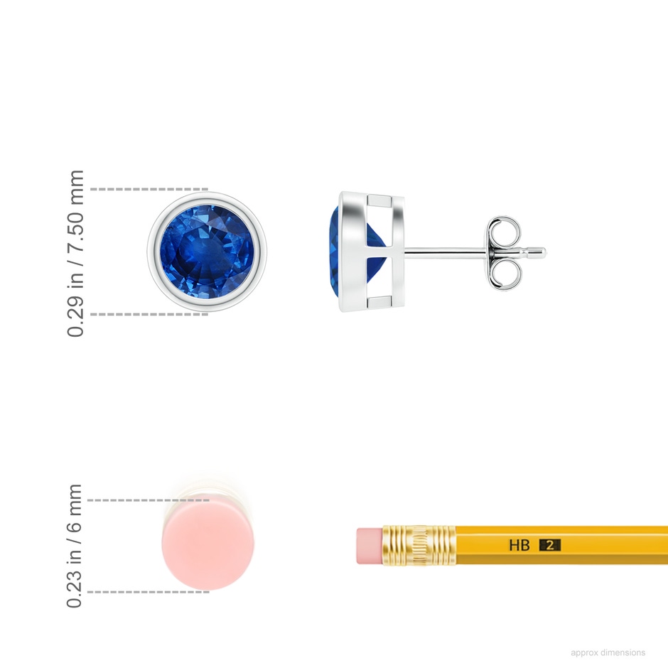 6mm AAA Bezel-Set Blue Sapphire Solitaire Stud Earrings in S999 Silver ruler