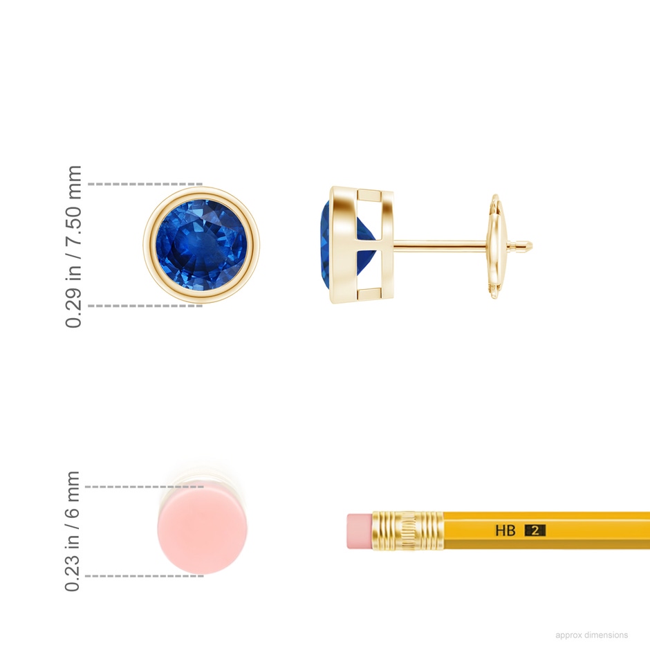 6mm AAA Bezel-Set Blue Sapphire Solitaire Stud Earrings in Yellow Gold ruler