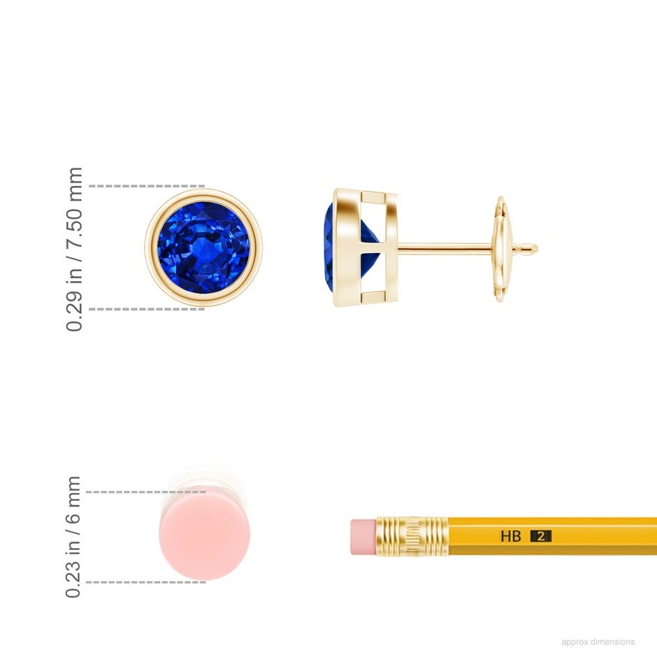 6mm AAAA Bezel-Set Blue Sapphire Solitaire Stud Earrings in Yellow Gold ruler