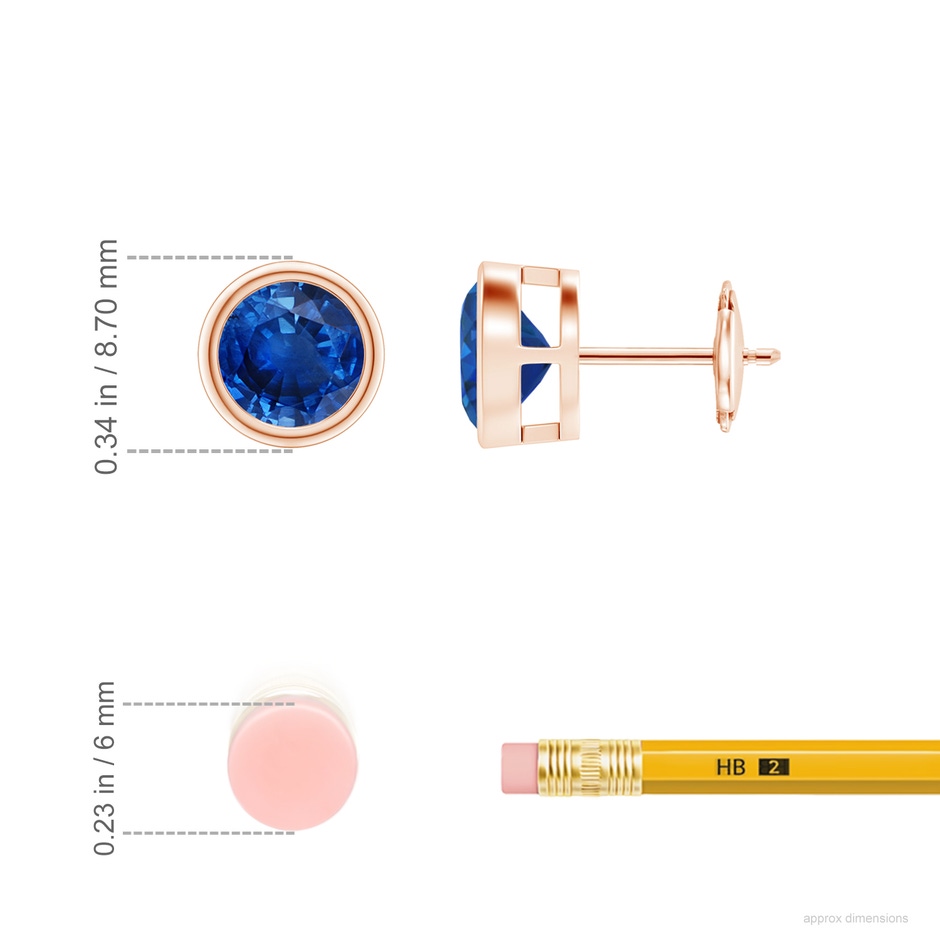 7mm AAA Bezel-Set Blue Sapphire Solitaire Stud Earrings in Rose Gold ruler