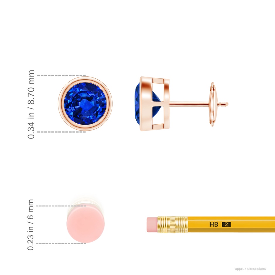 7mm AAAA Bezel-Set Blue Sapphire Solitaire Stud Earrings in Rose Gold ruler