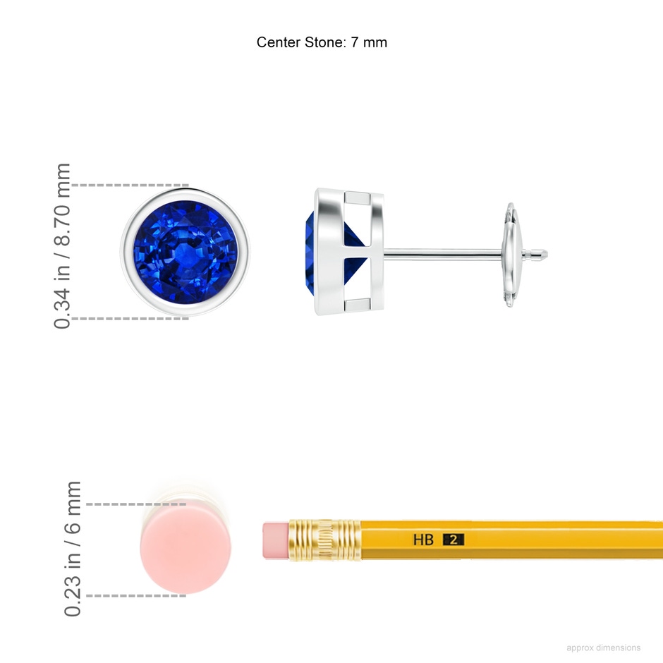 7mm Lab-Grown Bezel-Set Blue Sapphire Solitaire Stud Earrings in White Gold ruler