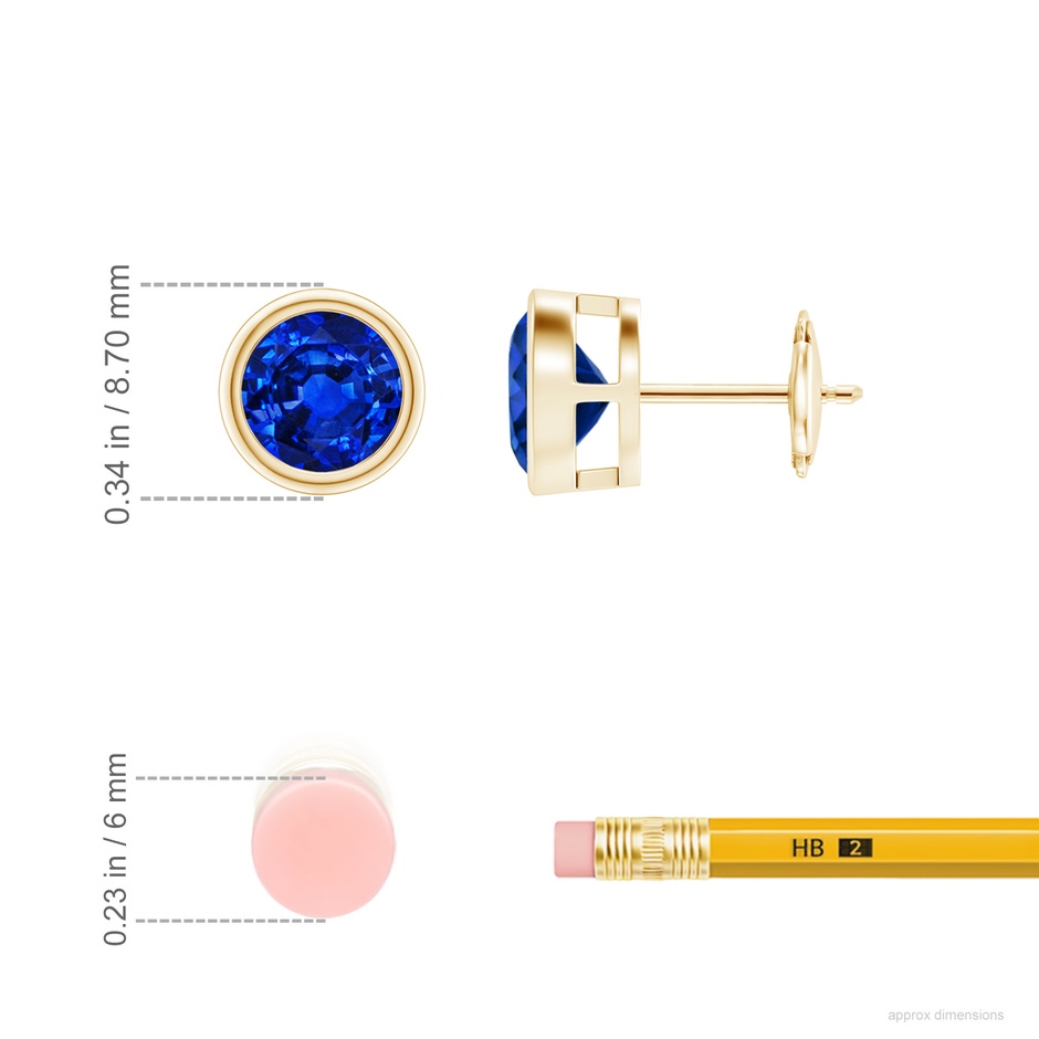 7mm AAAA Bezel-Set Blue Sapphire Solitaire Stud Earrings in Yellow Gold ruler