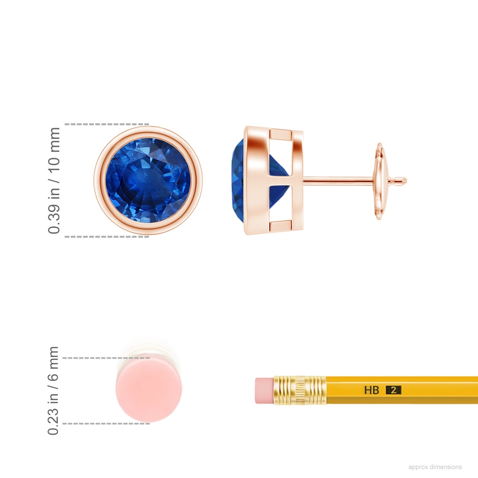 8mm AAA Bezel-Set Blue Sapphire Solitaire Stud Earrings in Rose Gold ruler