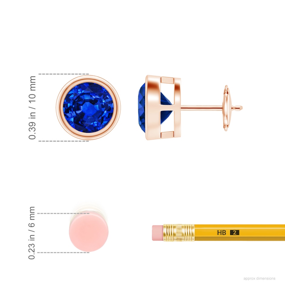 8mm AAAA Bezel-Set Blue Sapphire Solitaire Stud Earrings in Rose Gold ruler