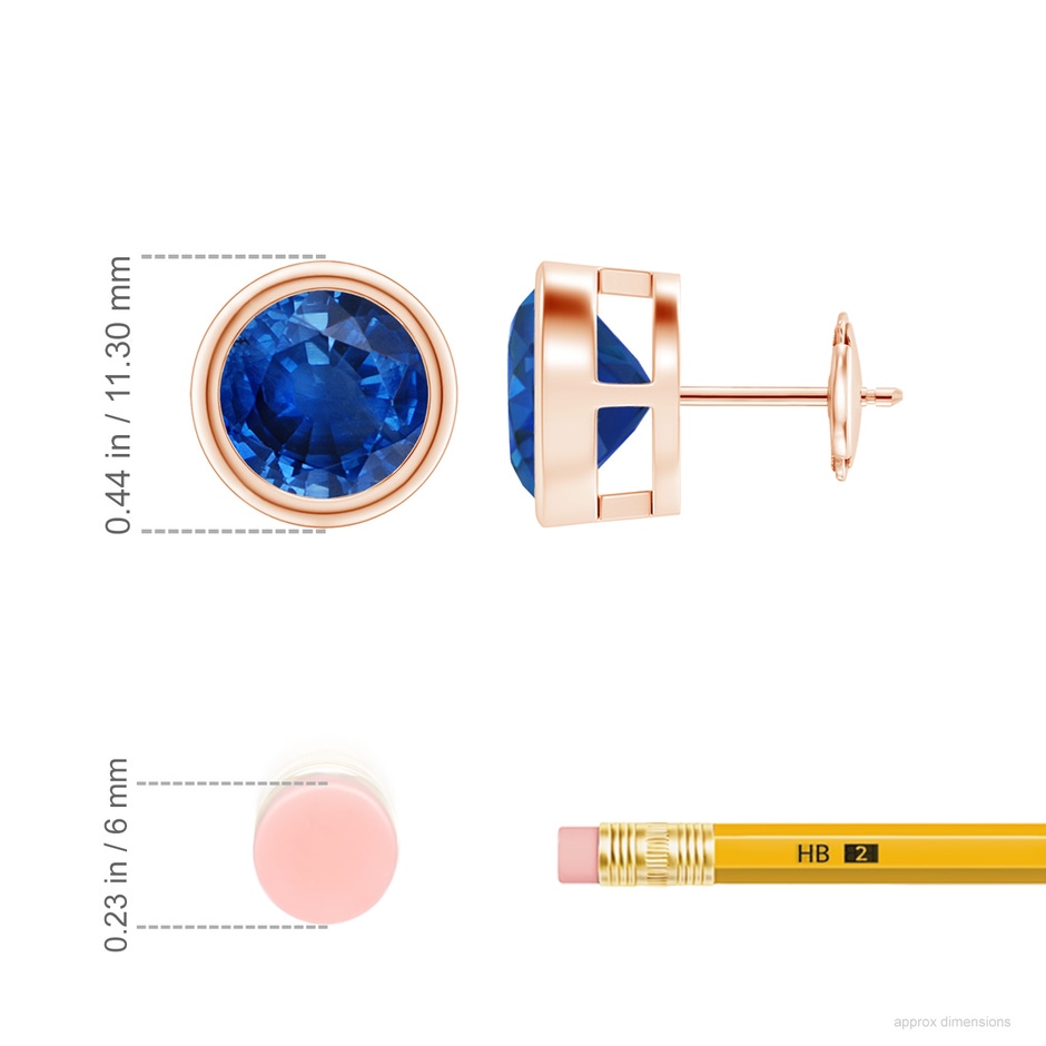 9mm AAA Bezel-Set Blue Sapphire Solitaire Stud Earrings in Rose Gold ruler