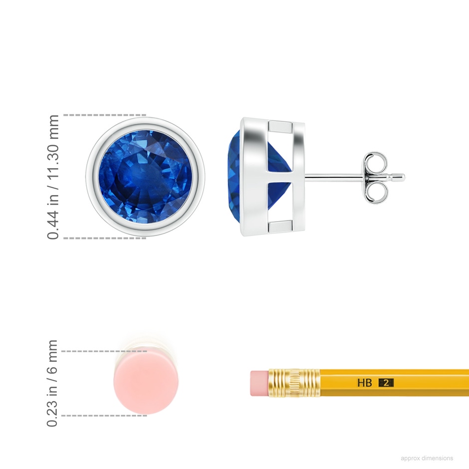 9mm AAA Bezel-Set Blue Sapphire Solitaire Stud Earrings in S999 Silver ruler
