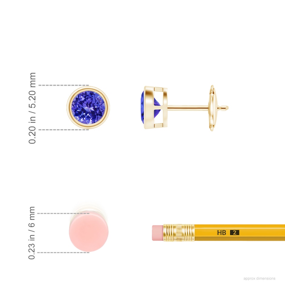 4mm AAAA Bezel-Set Tanzanite Solitaire Stud Earrings in Yellow Gold ruler