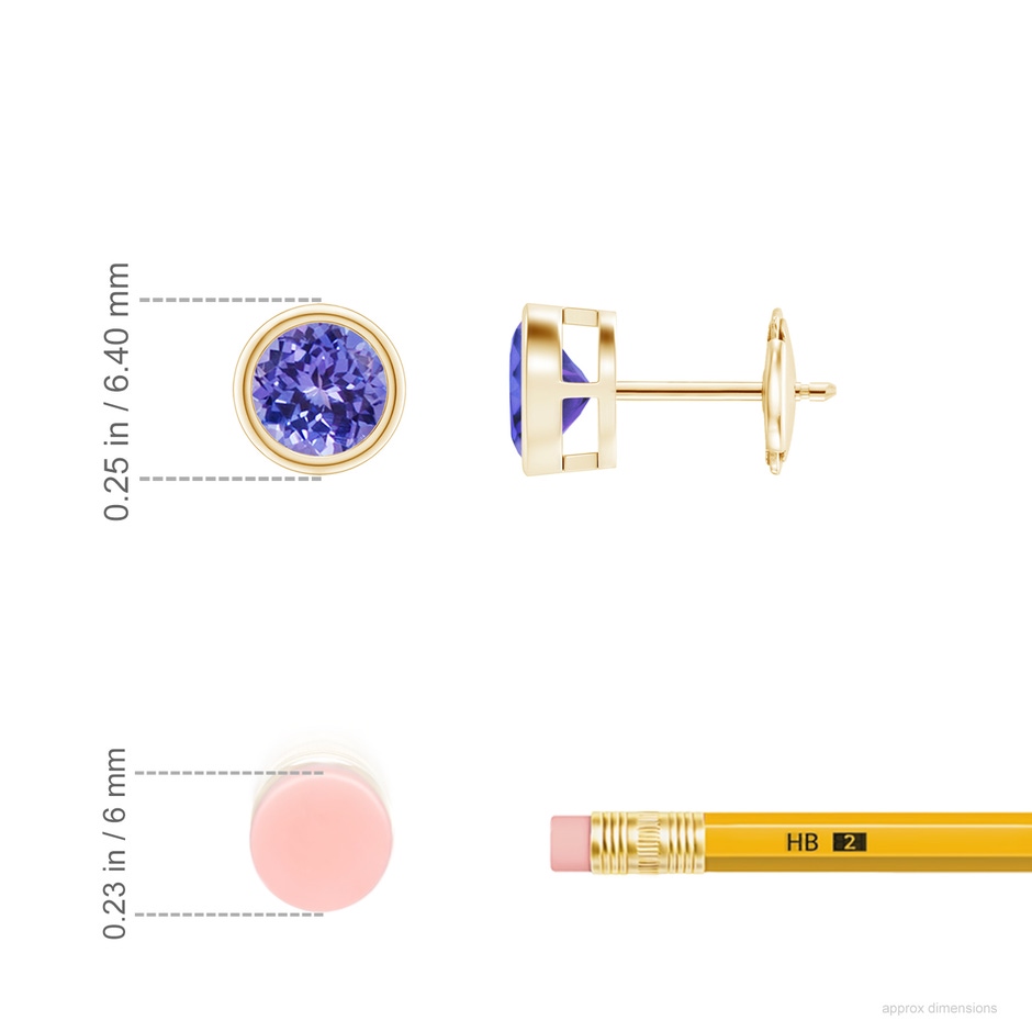 5mm AAA Bezel-Set Tanzanite Solitaire Stud Earrings in Yellow Gold ruler