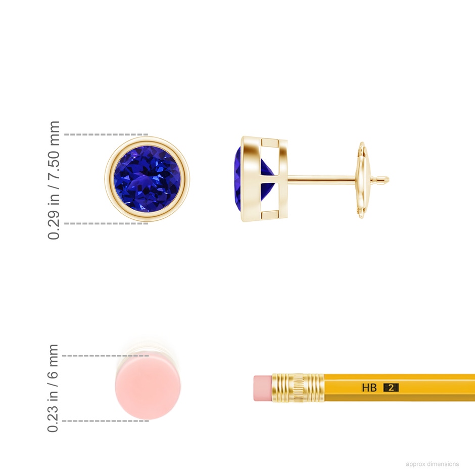 6mm AAAA Bezel-Set Tanzanite Solitaire Stud Earrings in Yellow Gold ruler