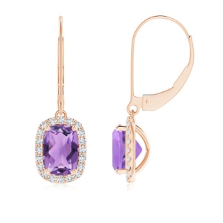 7x5mm A Cushion Amethyst Leverback Earrings with Diamond Halo in 9K Rose Gold