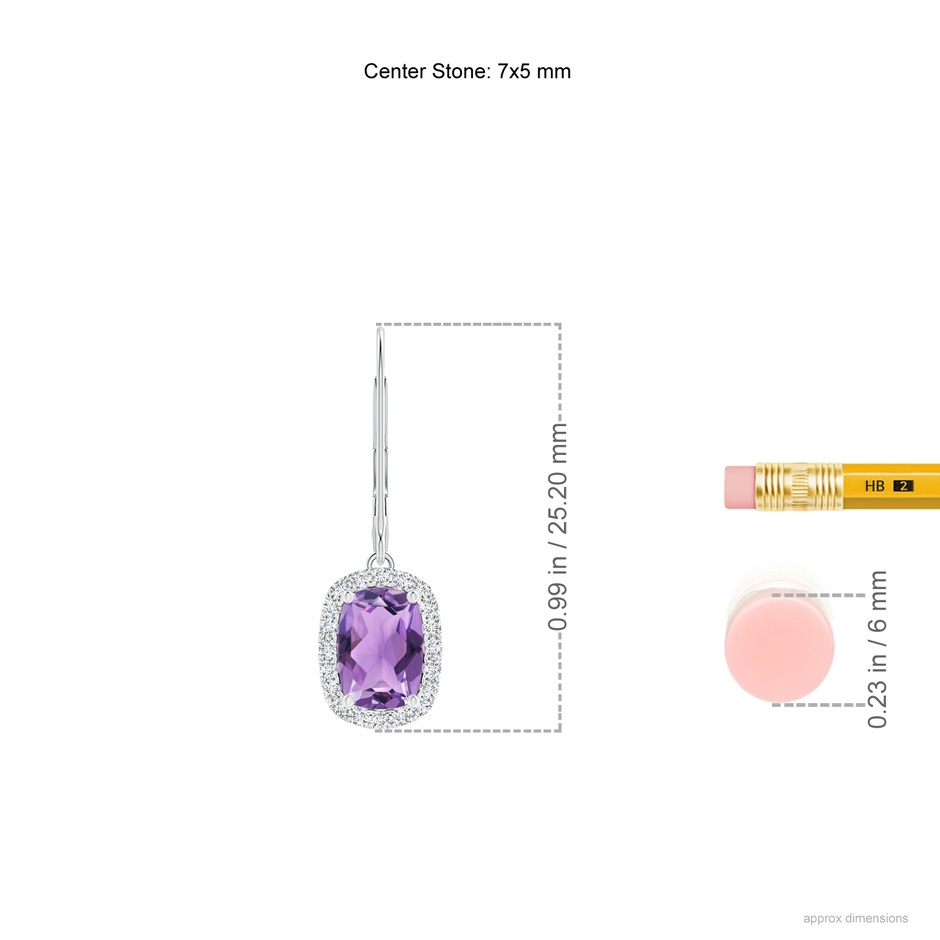 7x5mm A Cushion Amethyst Leverback Earrings with Diamond Halo in White Gold ruler