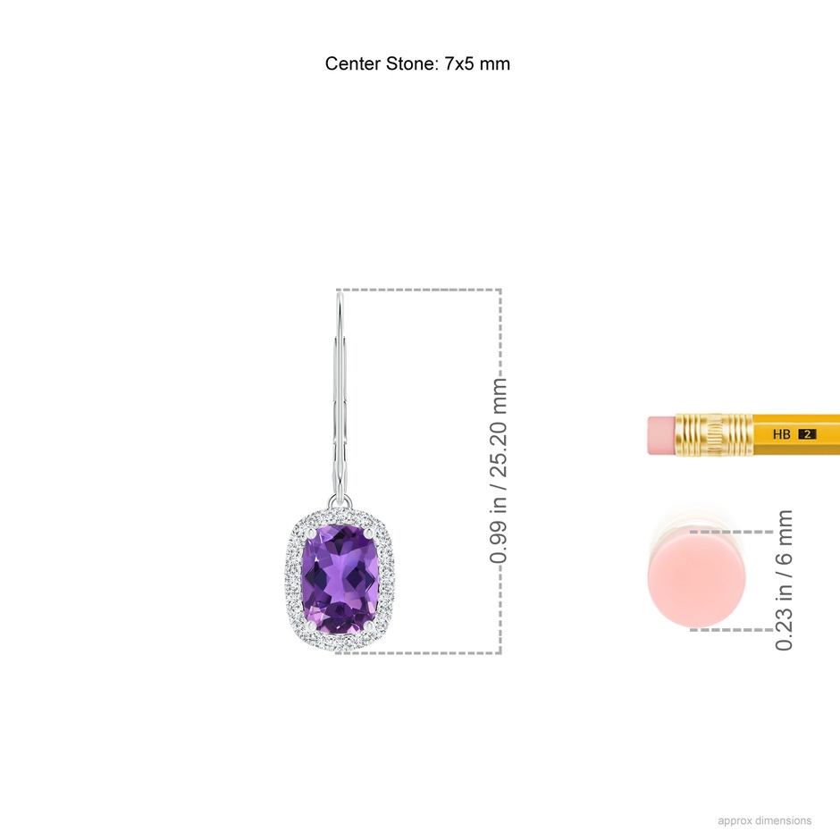 7x5mm AAA Cushion Amethyst Leverback Earrings with Diamond Halo in White Gold ruler