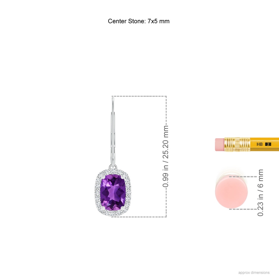 7x5mm AAAA Cushion Amethyst Leverback Earrings with Diamond Halo in P950 Platinum ruler