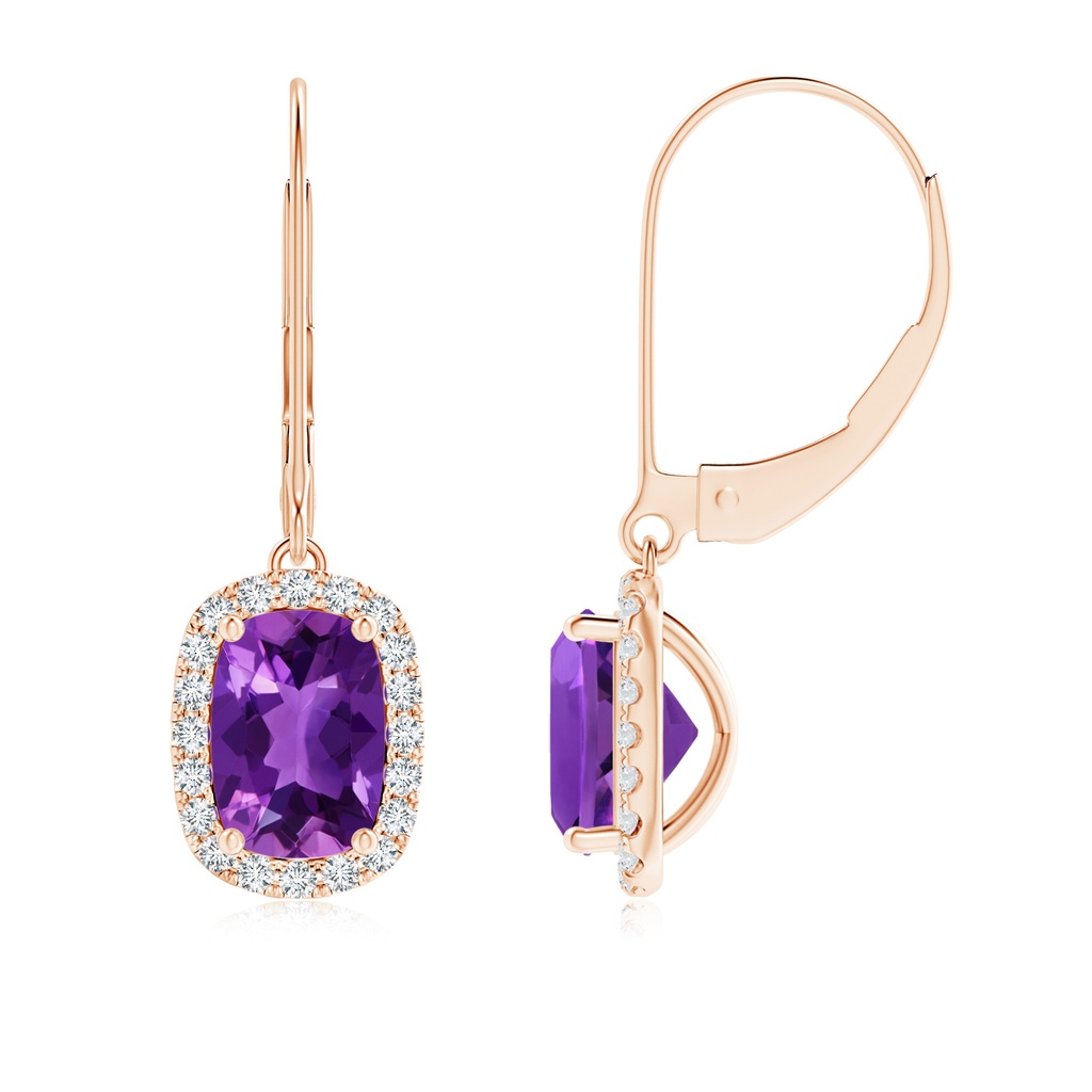 7x5mm AAAA Cushion Amethyst Leverback Earrings with Diamond Halo in Rose Gold