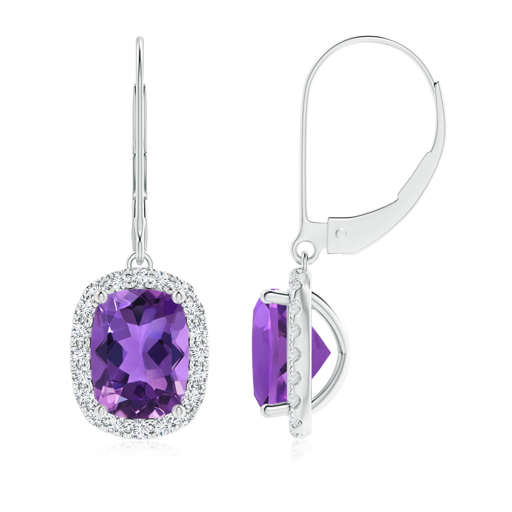 8x6mm AAA Cushion Amethyst Leverback Earrings with Diamond Halo in White Gold
