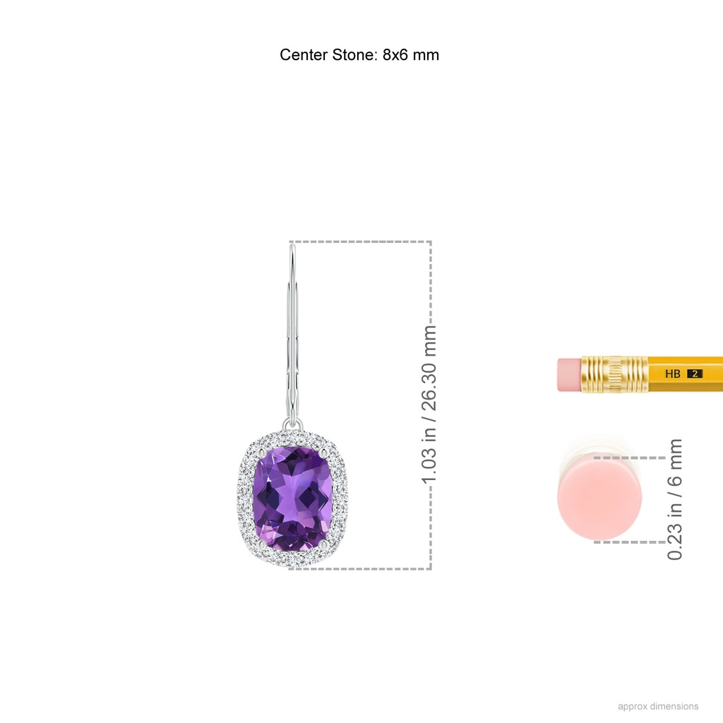 8x6mm AAA Cushion Amethyst Leverback Earrings with Diamond Halo in White Gold Ruler